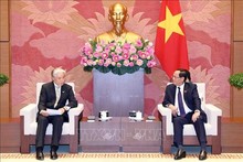 Le vice-président de l'Assemblée nationale (AN), Trân Quang Phuong (à droite), reçoit le gouverneur de la préfecture japonaise de Tochigi, Fukuda Tomikazu. Photo : VNA.
