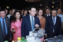Le Président de l’Assemblée nationale vietnamienne, Vuong Dinh Huê, visite un stand du Festival des villages de métier du Vietnam 2023. Photo : VNA.