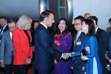 Le président français Emmanuel Macron et son épouse ont été accueillis à l'aéroport international de Noi Bai par des responsables vietnamiens. Photo : VNA.