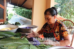 Mme Vi Thi Hông Ly dans le village de Truong Son, commune de Son Ha, district de Huu Lung prépare des « banh chung » pour les vendre depuis plus de dix ans, approvisionnant principalement les marchés du district. Photo : baolangson.vn