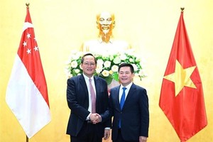 Le ministre vietnamien de l'Industrie et du Commerce, Nguyên Hông Diên (à droite) et son homologue singapourien Tan See Leng. Photo : VNA.