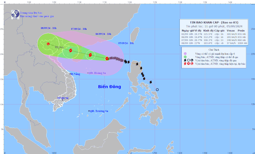 La trajectoire prévue du typhon Yagi. Photo : Centre national de prévision hydrométéorologique.