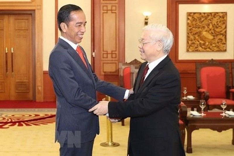 Le Secrétaire général du Parti communiste du Vietnam, Nguyên Phu Trong (à droite) reçoit le Président indonésien Joko Widodo lors de sa visite au Vietnam, septembre 2018. Photo : VNA.