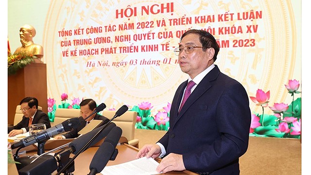 Le Premier ministre Pham Minh Chinh prend la parole lors de la conférence. Photo : baoquocte.vn