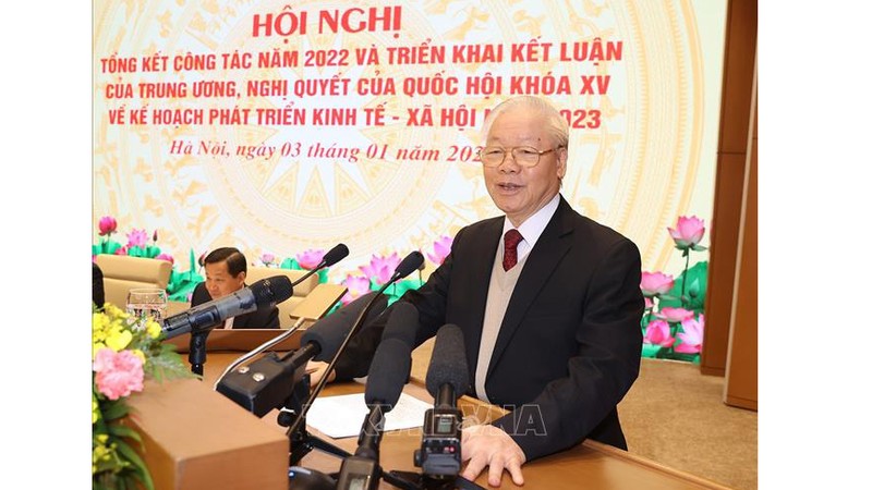Le Secrétaire général du Parti Nguyên Phu Trong, lors de la visioconférence entre le gouvernement et les localités tenue ce mardi 3 janvier à Hanoï. Photo : VNA.