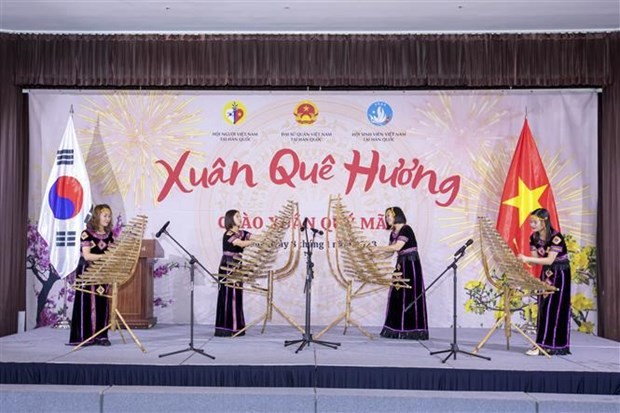 Présentation des instruments musicaux traditionnels lors du programme « Xuân Quê Huong » (printemps de la Patrie) le 8 janvier à Séoul. Photo : VNA.