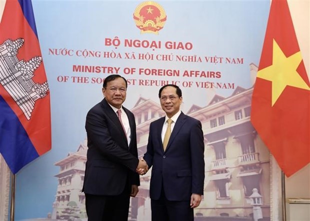 Le ministre des Affaires étrangères, Bùi Thanh Son (à droite), et le Vice-Premier ministre et ministre cambodgien des Affaires étrangères et de la Coopération internationale, Prak Sokhonn. Photo : VNA. 
