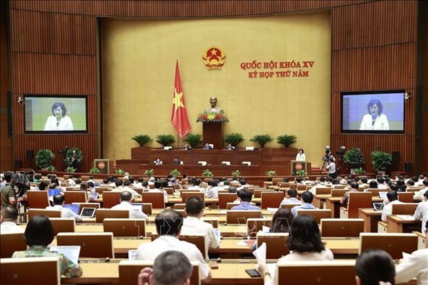 La gouverneure de la Banque d'État du Vietnam, Nguyên Thi Hông, présente un rapport sur le projet de loi sur les établissements de crédit (modifiée). Photo: VNA