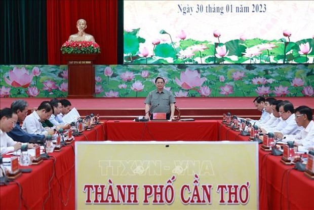 Le Premier ministre Pham Minh Chinh à la séance de travail avec les autorités des provinces du delta du Mékong, le 30 janvier à Cân Tho. Photo : VNA.