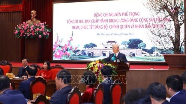 Le SG du Parti salue les grandes réalisations enregistrées par la ville de Hanoï en 2022. Photo : VNA.