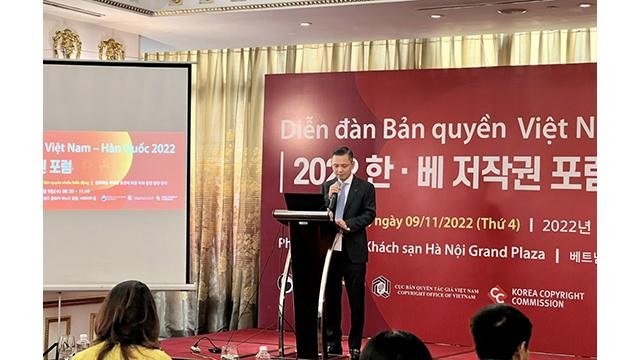 Le directeur du Département du droit d'auteur, Trân Hoàng s'exprime lors de l'événement. Photo : VOV.