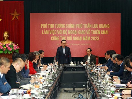 Le vice-Premier ministre Tran Luu Quang s'exprime à la séance de travail avec le ministère des Affaires étrangères. Photo: VNA