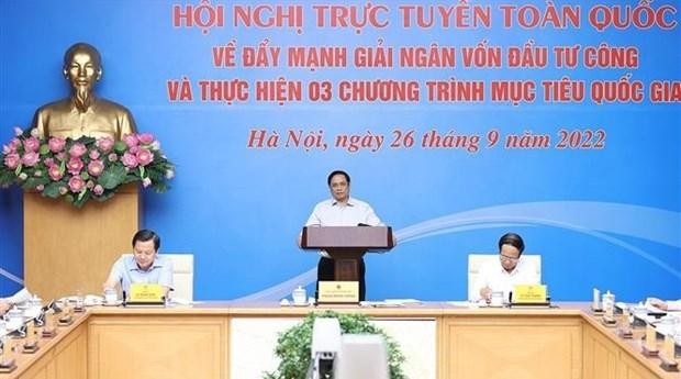 Le Premier ministre Pham Minh Chinh à la conférence nationale en ligne sur le décaissement. Photo : VNA