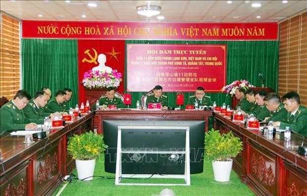La délégation vietnamienne lors de l'entretien virtuel. Photo : VNA