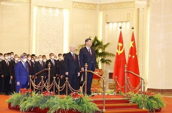 La cérémonie d'accueil du Secrétaire général du Comité central du Parti communiste du Vietnam, Nguyên Phu Trong. Photo : VNA.