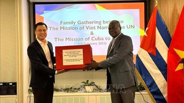 L’ambassadeur Dang Hoàng Giang remet le cadeau à l’ambassadeur Pedro Luis Predoso Cuesta. Photo : VNA.