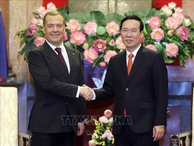 Le Président du Vietnam, Vo Van Thuong (à droite), et le Président du Parti Russie unie (URP) et vice-président du Conseil de sécurité de la Fédération de Russie, Dmitri Medvedev. Photo : VNA.