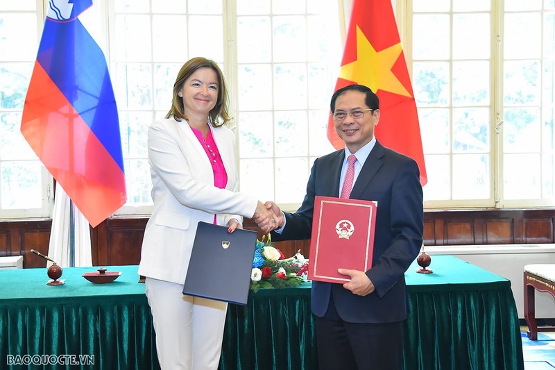 Le ministre vietnamien des Affaires étrangères, Bùi Thanh Son, la Vice-Première ministre et ministre slovène des Affaires étrangères et européennes, Tanja Fajon. Photo : VNA.