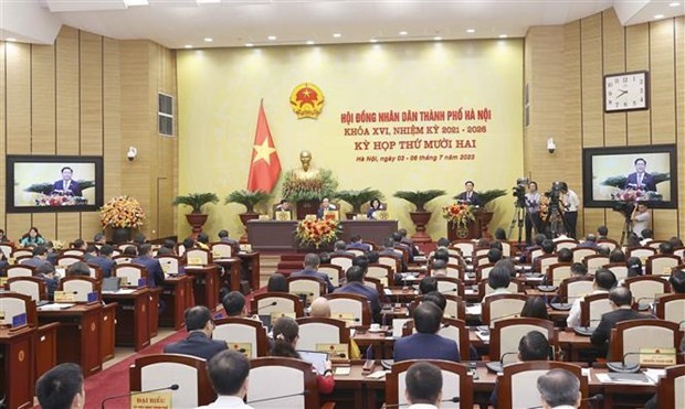 Vue de la 12e session du Conseil populaire de la ville de Hanoi du 16e mandat 2021 - 2026. Photo : VNA.