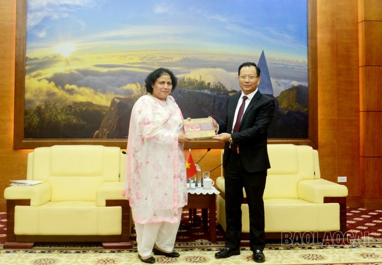 Le vice-président permanent du Comité populaire de la province de Lào Cai, Hoàng Quôc Khanh (à droite) et l’ambassadrice du Pakistan au Vietnam, Samina Mehtab. Photo : baolaocai.vn