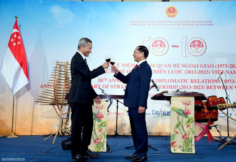 Le ministre vietnamien des Affaires étrangères, Bùi Thanh Son (à droite), et le ministre singapourien des Affaires étrangères, Vivian Balakrishnan, lors de la célébration. Photo : baoquocte.vn