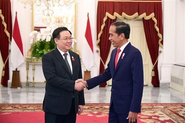 Le Président de l’Assemblée nationale du Vietnam, Vuong Dinh Huê (à gauche) et le Président indonésien Joko Widodo se serrent la main, à Jakarta, le 7 août. Photo : VNA.