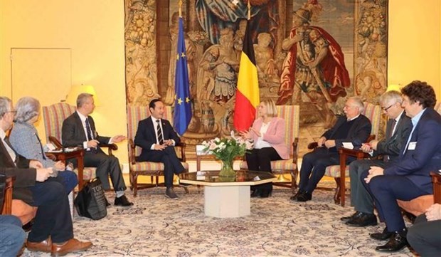  La présidente de la Chambre des Représentants de Belgique, Éliane Tillieux (4e de droite) reçoit la délégation belgo-vietnamienne. Photo: VNA