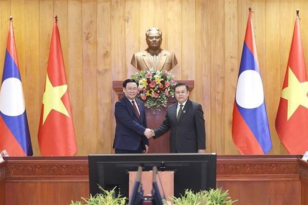 Le Président de l'Assemblée nationale (AN) vietnamienne, Vuong Dinh Huê (à gauche) et son homologue lao, Saysomphone Phomvihane. Photo : VNA.