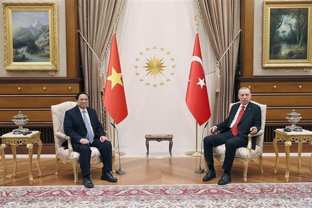 Le Premier ministre Pham Minh Chinh (à gauche) lors de son entrevue avec le Président Recep Tayyip Erdoğan. Photo : VNA.