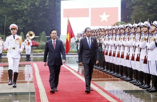 Le Président vietnamien, Vo Van Thuong (à gauche) préside la cérémonie solennelle d'accueil du Président indonésien, Joko Widodo. Photo : VNA.