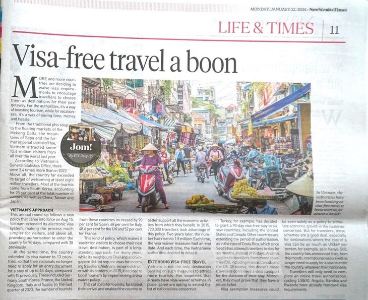 News Straits Times souligne l’attractivité de la politique des visas du Vietnam. Photo : VNA.