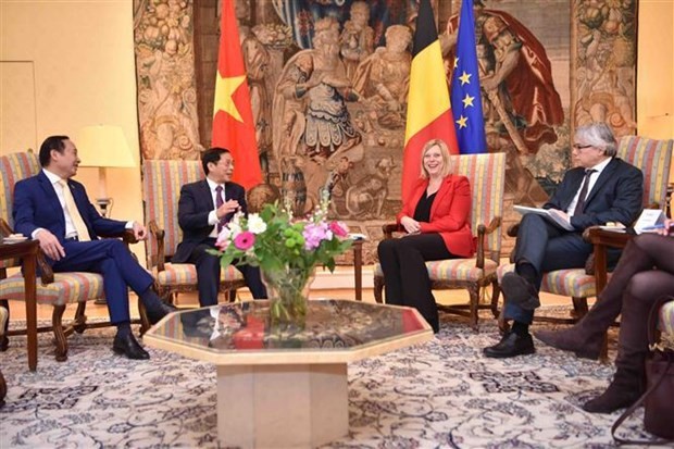 Le ministre des Affaires étrangères, Bui Thanh Son, rencontre la présidente de la Chambre des représentants belge, Eliane Tillieux, le 1er février 2024, à Bruxelles. Photo : VNA.