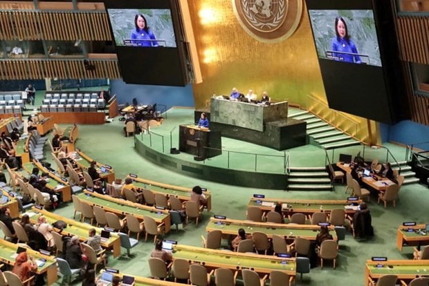 La Vice-Présidente Vo Thi Anh Xuân prononce un discours lors de la séance inaugurale de la 68e session de la Commission de la condition de la femme (CSW) de l’ONU. Photo : VNA.