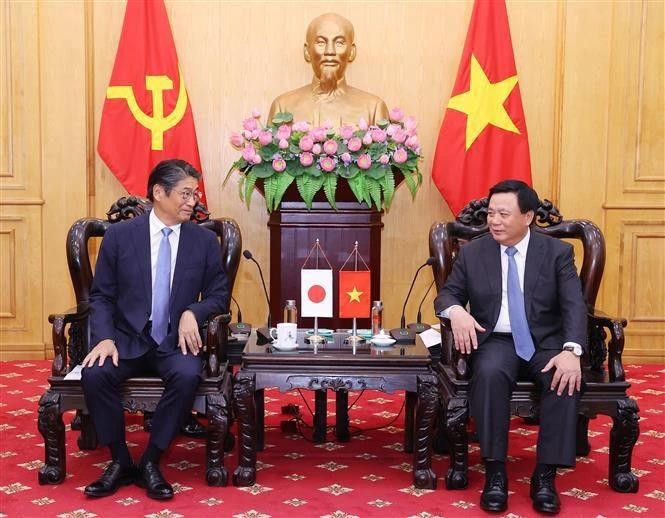 Le membre du Bureau politique, Nguyên Xuân Thang, président du Conseil théorique central et directeur de l'Académie nationale de politique Hô Chi Minh (à droite) reçoit l'ambassadeur du Japon au Vietnam, Ito Naoki. Photo : VNA.