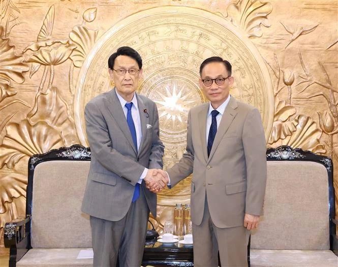 Le Hoai Trung, secrétaire du Comité central du PCV, président de la Commission centrale des relations extérieures du PCV (à droite) et Tokai Kisaburo, président du Comité de recherche de politiques du PLD du Japon, le 2 août à Hanoï. Photo : VNA.