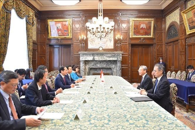 Le ministre vietnamien des Affaires étrangères Bui Thanh Son rencontre le vice-président de la Chambre des conseillers du Japon Nagahama Hiroyuki, le 9 août. Photo : VNA.