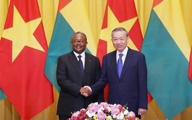 Le secrétaire général et président Tô Lâm (droite) s'entretient avec le président bissau-guinéen, Umaro Sissoco Embaló, en visite au Vietnam. Photo : VNA.