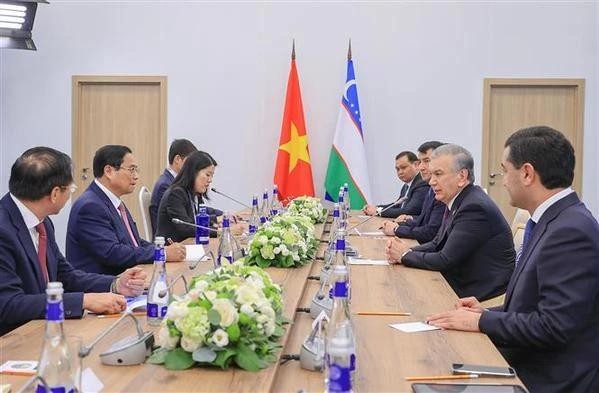 Le Premier ministre (PM) vietnamien Pham Minh Chinh (2e, à gauche) et le président ouzbek Shavkat Mirziyoyev, à Kazan, en Russie. Photo : VNA.