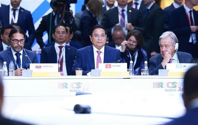 Le Premier ministre vietnamien Pham Minh Chinh lors de la séance plénière du sommet des BRICS+ 2024 à Kazan, en Russie. Photo : VNA.