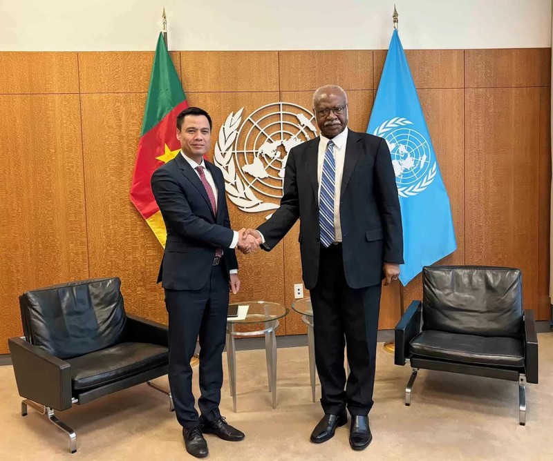 L’ambassadeur Dang Hoàng Giang, représentant permanent du Vietnam auprès des Nations Unies (à gauche) et le président de la 79e session de l’Assemblée générale des Nations Unies, Philemon Yang. Photo : baoquocte.vn