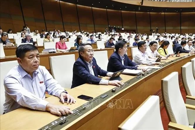 La 15e Assemblée nationale a approuvé la loi portant modification et complément de plusieurs lois, avec 444 voix sur 446, soit 92,69 % du total des députés de l'Assemblée nationale, lors de sa 8e session en cours à Hanoï le 29 novembre. Photo : VNA