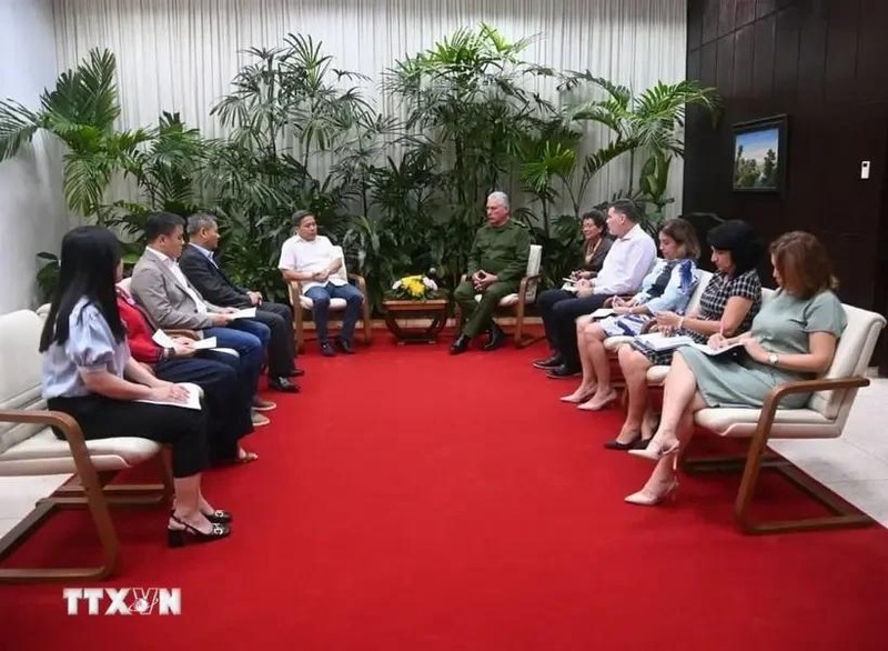 Le président cubain Miguel Díaz-Canel rencontre le directeur général du groupe GELEX et président du conseil d'administration du groupe de construction Viglacera Corporation JSC, Nguyên Van Tuân. Photo : VNA.