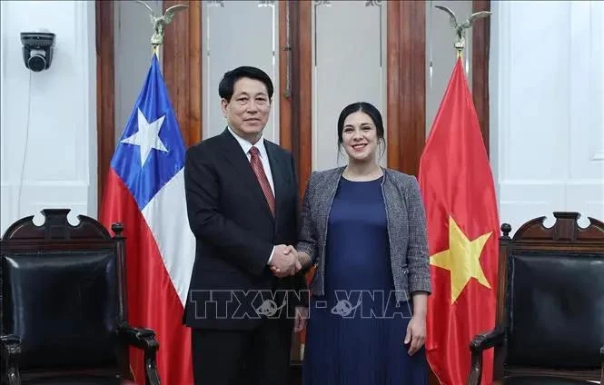 Le président vietnamien Luong Cuong et la présidente de la Chambre des députés du Chili Karol Cariola, à Santiago, le 11 novembre. Photo : VNA.