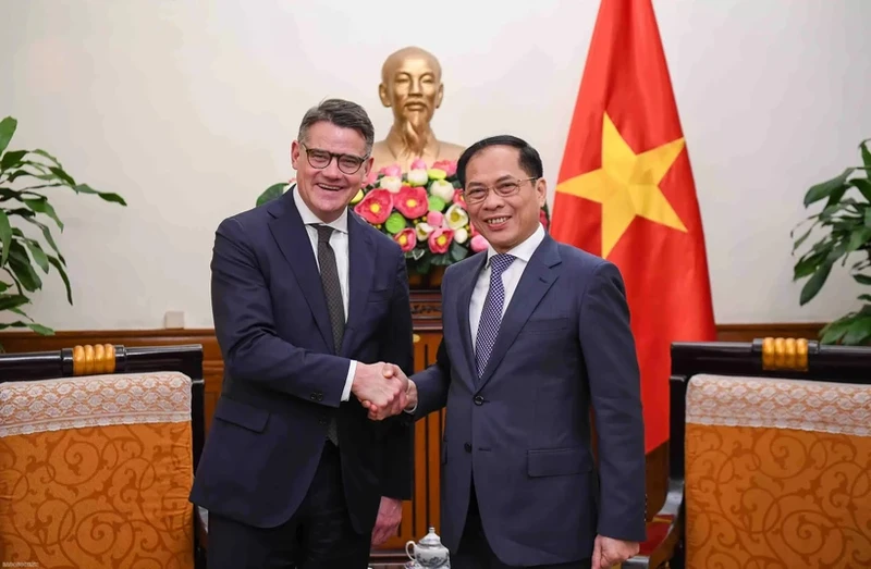 Le vice-Premier ministre et ministre des Affaires étrangères Bui Thanh Son (à droite) serre la main du ministre-président du Land de Hesse Boris Rhein, à Hanoi, le 28 novembre. Photo : VNA.