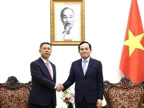 Le Vice-Premier ministre Trân Luu Quang (à droite) et le président du groupe chinois Trina Solar, Gao Jifan. Photo : VNA.
