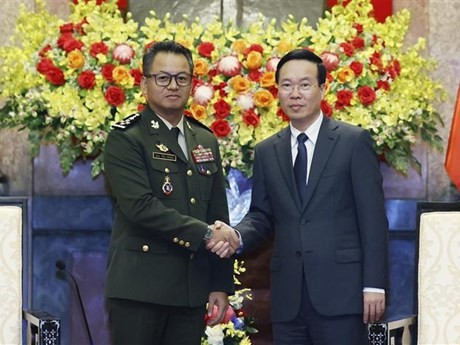 Le Président vietnamien, Vo Van Thuong (à droite) serre la main du Vice-Premier ministre et ministre cambodgien de la Défense Tea Seiha, le 13 novembre à Hanoi. Photo : VNA.