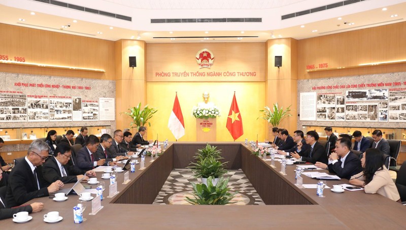 Vue générale de la séance de travail entre le ministre vietnamien de l’Industrie et du Commerce, Nguyên Hông Diên, et son homologue indonésien de l’Industrie, Agus Gumiwang Kartasasmita, le 11 janvier à Hanoi. Photo : tapchicongthuong.