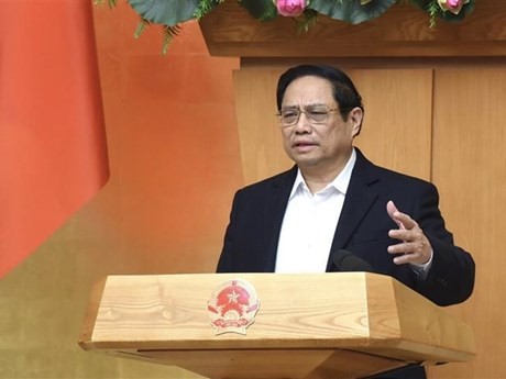 Le PM vietnamien Pham Minh Chinh prend la parole lors de la réunion. Photo: VNA.
