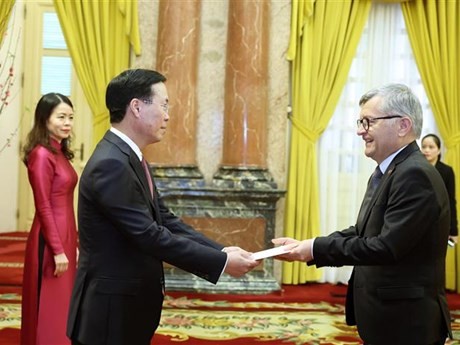 Le Président vietnamien Vo Van Thuong (à gauche) reçoit les lettres de créance de l'ambassadeur de Pologne Aleksander Surdej. Photo : VNA.