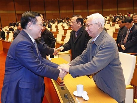 Le Président de l'AN vietnamienne Vuong Dinh Huê (à gauche) et des anciens dirigeants de l’AN et du Comité permanent de l’AN vietnamienne. Photo : VNA.